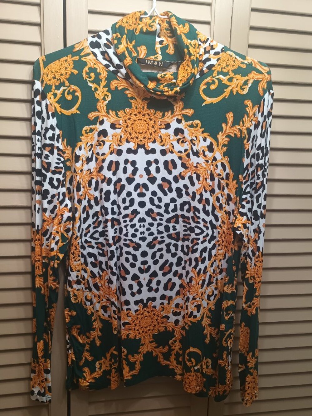 IMAN Golden Baroque Swirl and Cheetah Pattern Long Sleeve Mock Neck Top XL